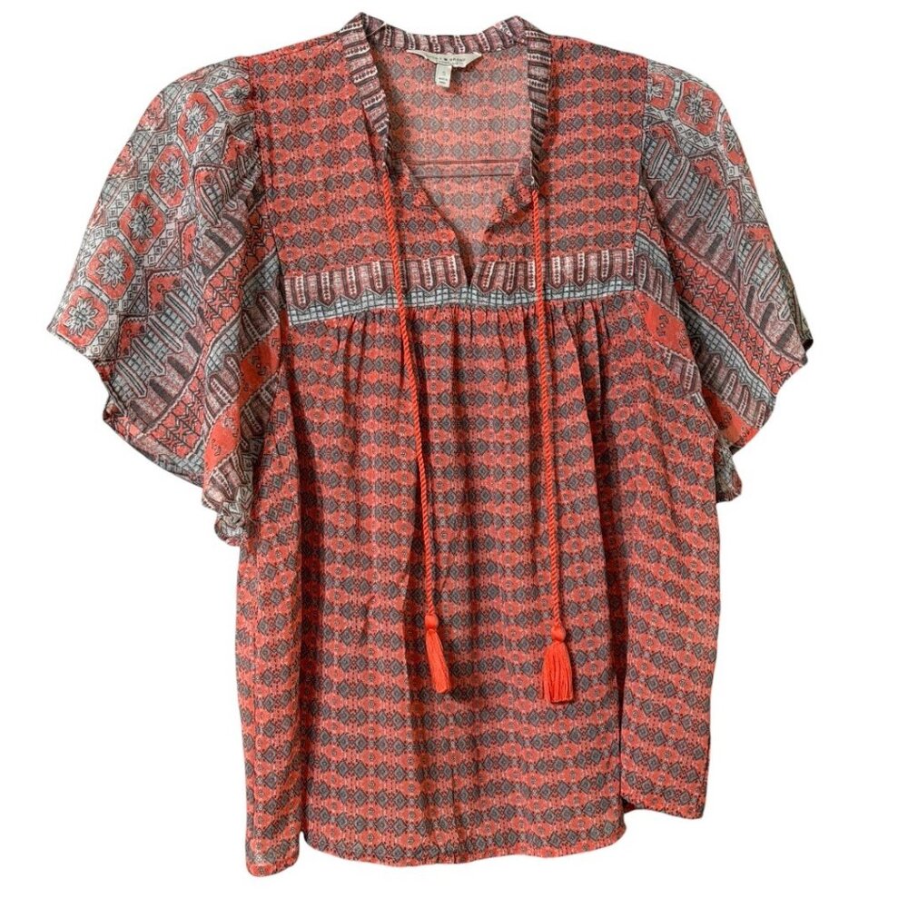 Lucky Brand Tassel‎ Tie Short Flare Sleeve Peasant Blouse Women's Size Small